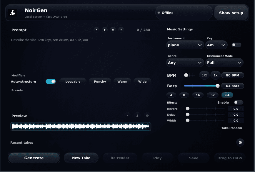 NoirGen plugin UI preview inside a DAW