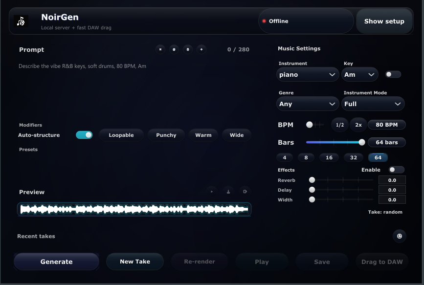 NoirGen plugin UI preview inside a DAW
